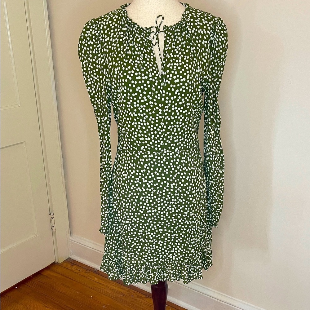 Reformation Marcy Mini Dress Green White Polka Dot Long Sleeve Size 8